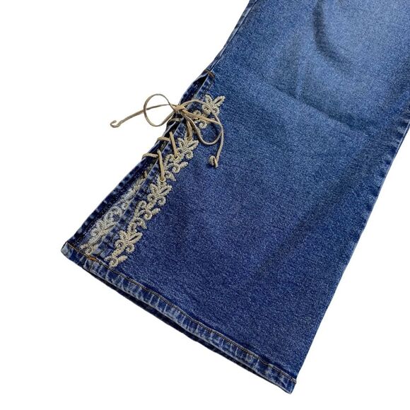 Vintage 80s 90s Boho Super High Rise Embroidered Leather Laces Hem Jeans Sz 22 - Picture 3 of 12